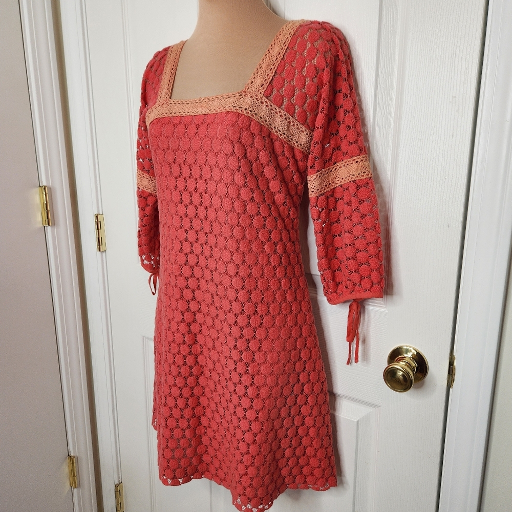 Solitaire Dress Mini Crochet Lace Retro Boho Chic Orange Pink Peach Size Small - Picture 2 of 10